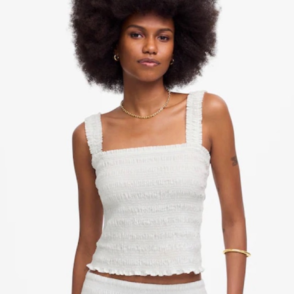 Madewell White Smocked Square-Neck Tank Summer Top